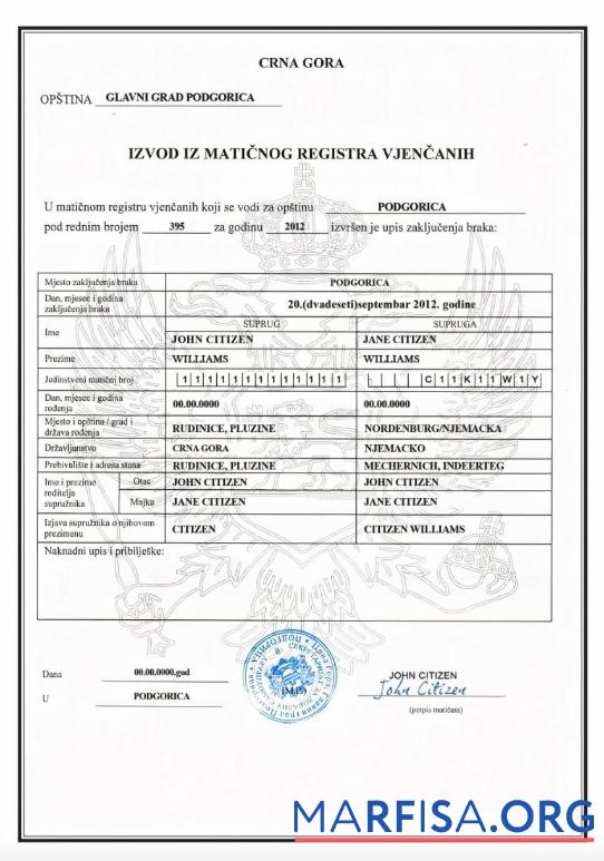 Printable MONTENEGRO (Crna Gora) marriage certificate template